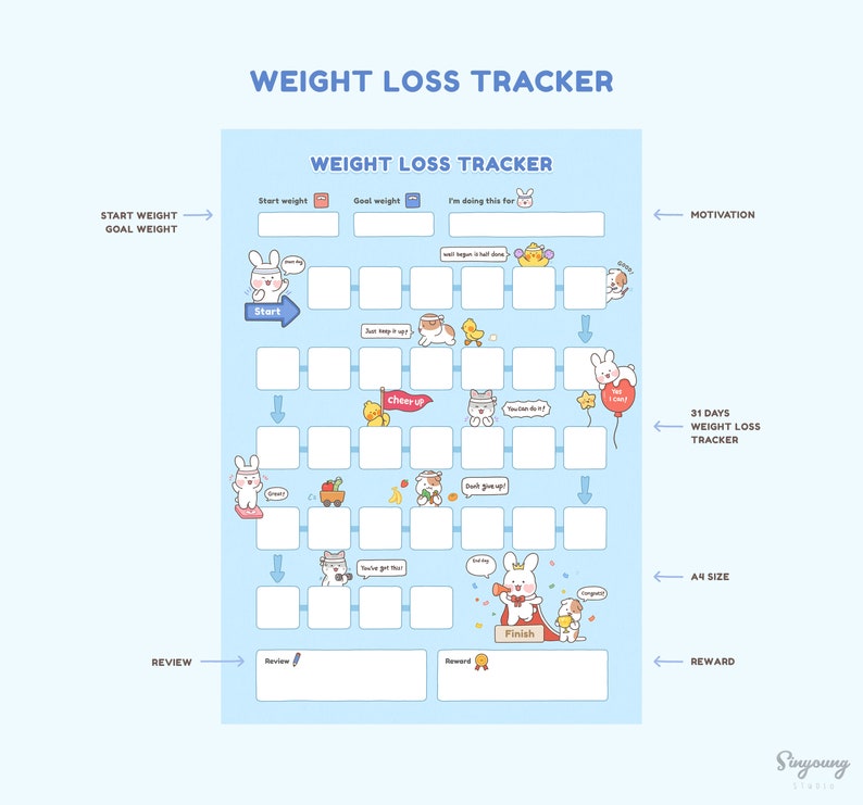 Weight Loss Tracker With Cute Characters | Weight Loss Planner | Weight ...