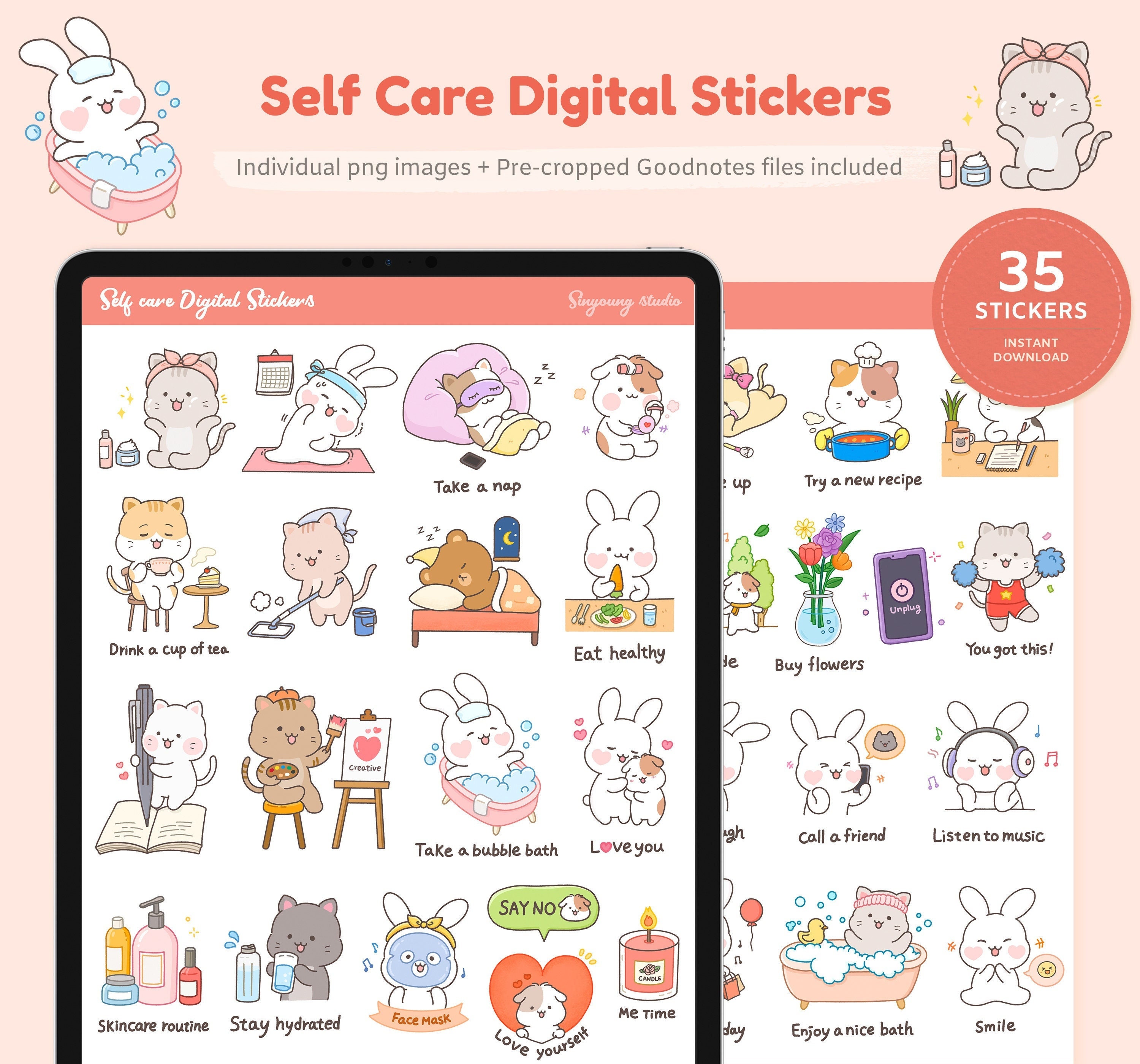 GOODNOTES stickers Cute Hand Draw Digital Planner Stickers in Cute Self Care Day. Digital Stickers