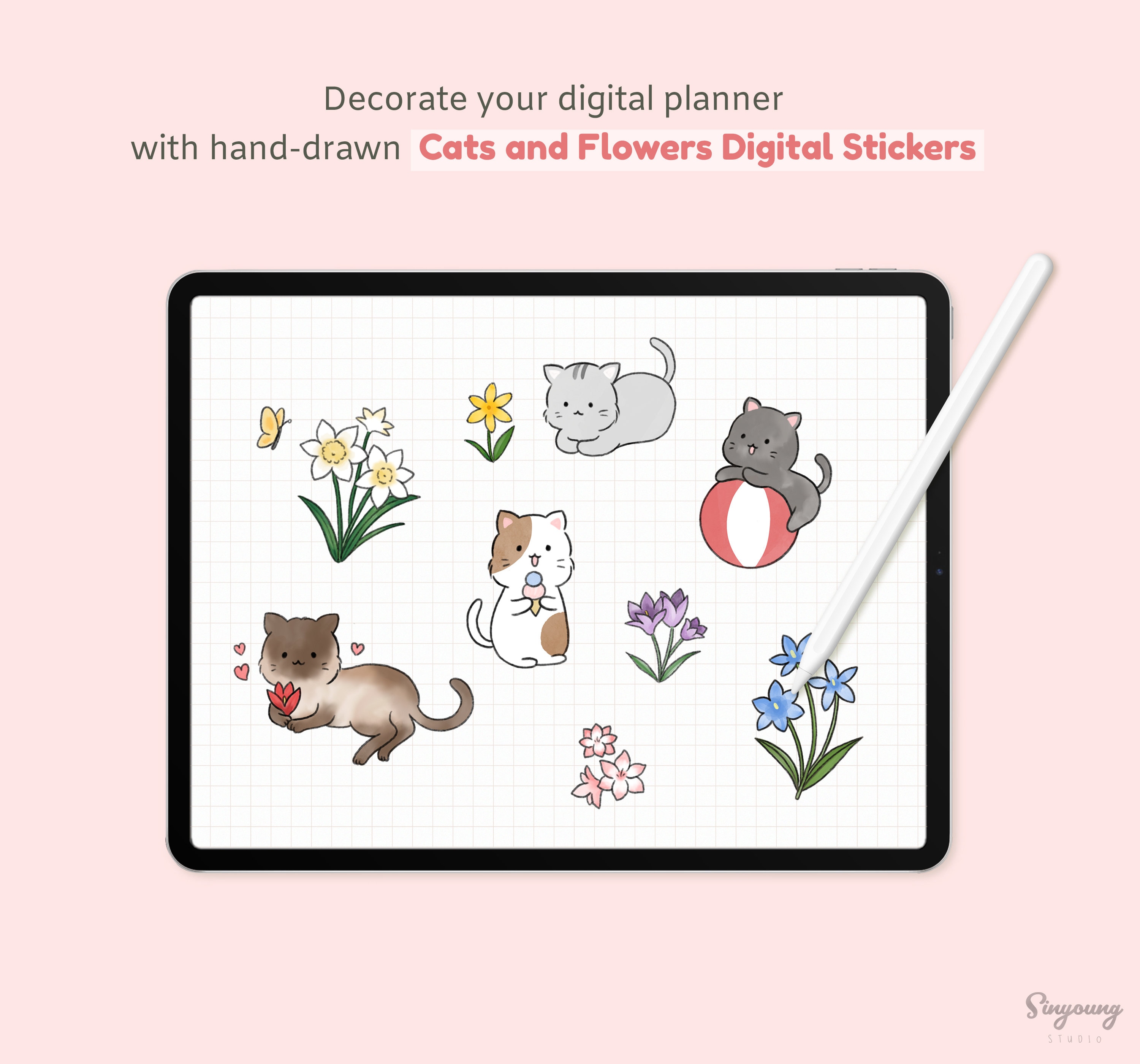 Cute Cats and Flowers Stickers for Digital Planner - Etsy