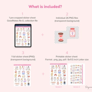 May include: A digital sticker sheet featuring cute cartoon cats in various poses and activities. The sheet includes 26 individual PNG files with transparent backgrounds, a full sticker sheet in PNG format, and a printable sticker sheet in PNG, JPG, and PDF formats. The printable sticker sheet is 21.6 by 29.2 cm.