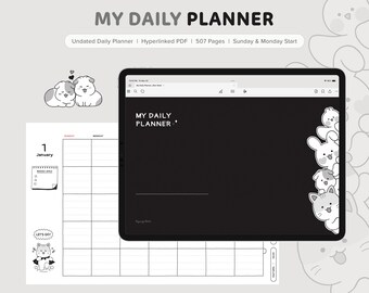 May include: A digital planner with the text "MY DAILY PLANNER" on a black screen. The planner includes a calendar layout, and the words "Undated Daily Planner | Hyperlinked PDF | 507 Pages | Sunday & Monday Start". Cute cartoon animals decorate the screen.