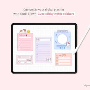 May include: A digital planner screen with cute animal-themed sticky notes. The notes include a to-do list, a work section, a music player, and a goal section. The notes are on a grid background.