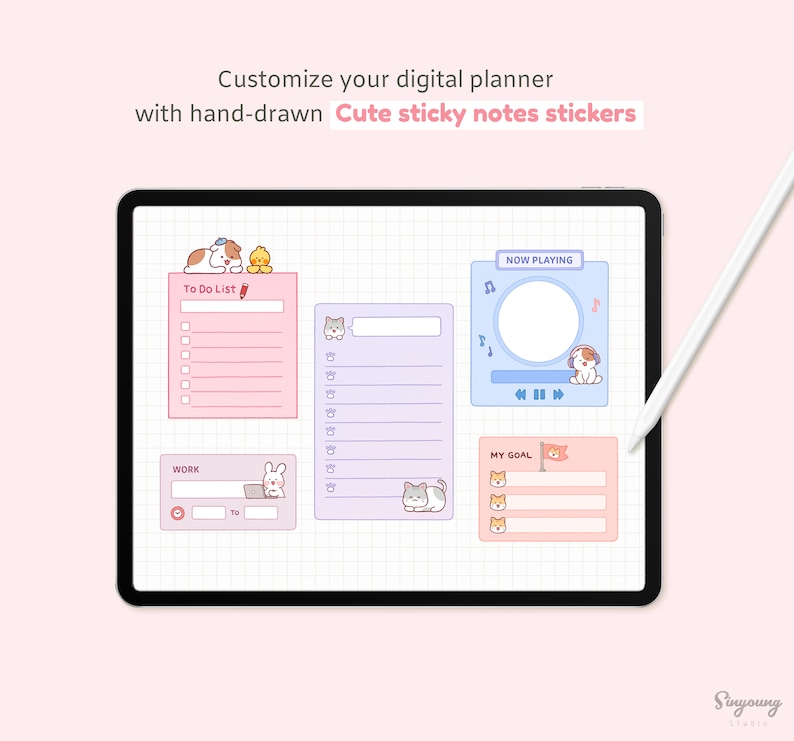 May include: A digital planner screen with cute animal-themed sticky notes. The notes include a to-do list, a work section, a music player, and a goal section. The notes are on a grid background.
