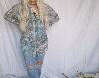 Oversized Paisley Sheer Button Up Top Boho Style Oversized Blue Green Flowy Button Front