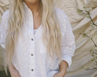 Oversized Eyelet Cotton White Button Up Shirt Oversized Button Front Top Floral Textured Eyelet Lightweight Fabric