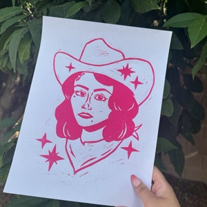 Cowgirl with Stars Linocut Print