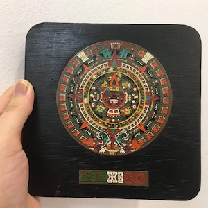 Vintage Aztec Sun Calendar Wall Art - Hand-Painted Mexican Souvenir
