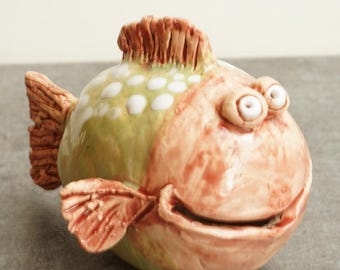 陶器の魚の置物、魚の飾り、魚の置物、粘土彫刻、魚の彫刻、動物愛好家