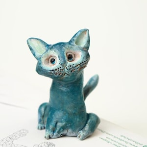 Small Blue Ceramic Cat Figurine – Artisan Clay Sculpture, Home Decor & Collectible Gift