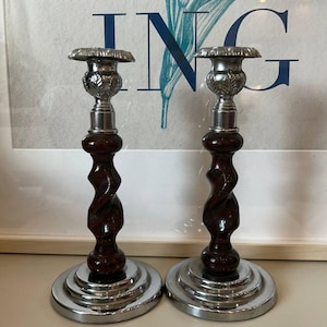 Pair of Vintage Wood and Metal Candlesticks with Baroque Ornate Details, 21cm Tall Mid Century Candle Holders for Home or Table Decor