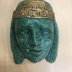 Aztec Warrior Head Wall Art, Handmade Malachite Mosaic Mask, Unique Mesoamerican Tribal Sculpture, Indigenous Cultural Décor