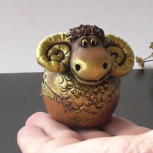Golden Ram Figurine – Handmade Ceramic Whistle Sheep – Unique Animal Sculpture – Gift for Him – Rustic Folk Decor