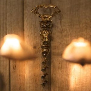 Vintage Brass Owl Corkscrew Bottle Opener Combo, Antique Bar Tool, Rustic Home Decor, Unique Wine Lover Gift, Collectible Kitchenware