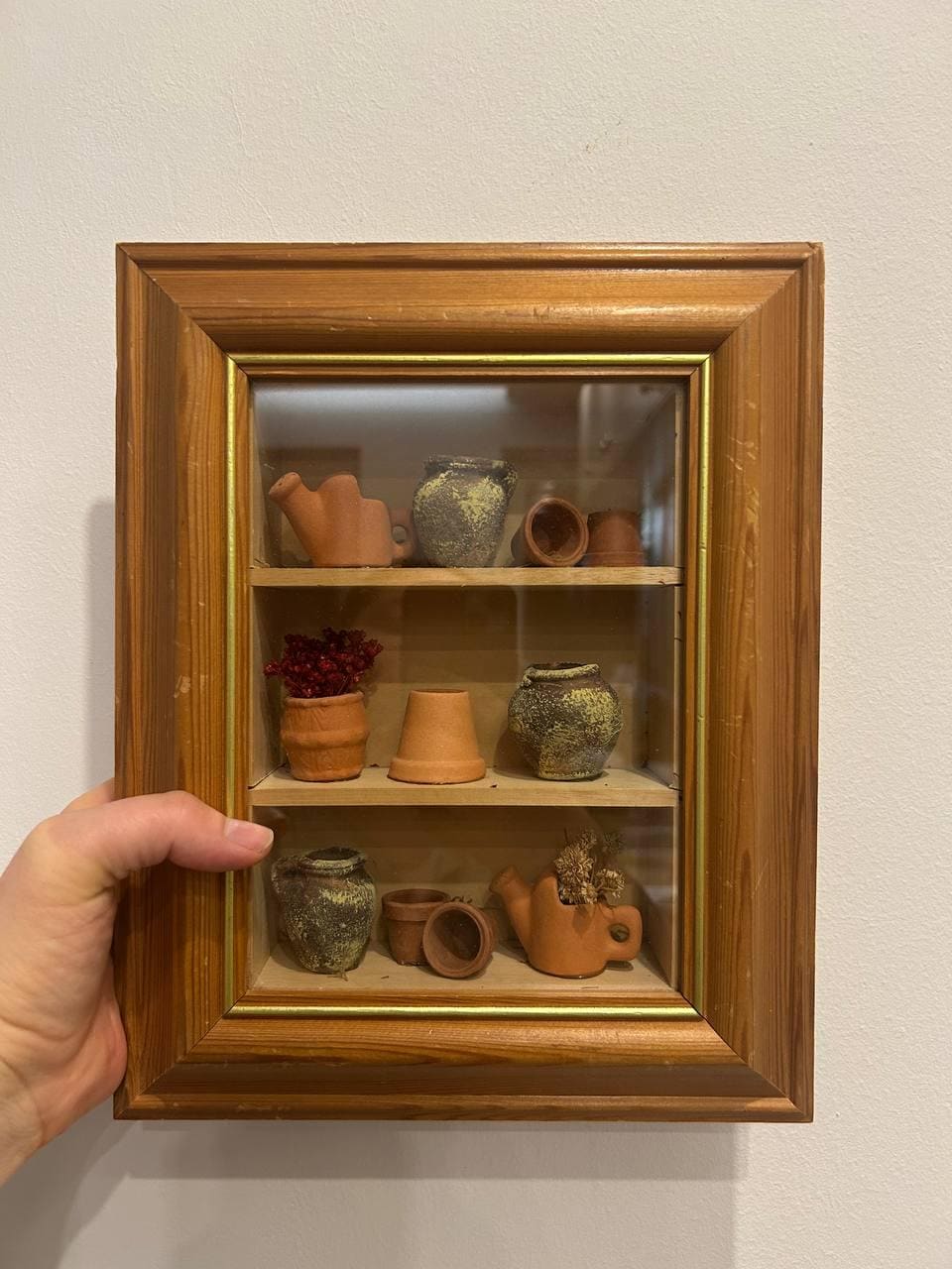 Vintage Miniature Pottery Shadow Box | Rustic Wall Display Cabinet
