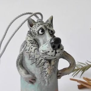 bell Wolf, figurine ceramic Wolf, sculpture Wolf , Wolf lover gift, Wolf statue, sculpture decor,  Wolf gift