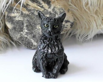 小さな青い陶器の猫の置物 - 職人による粘土彫刻、ホーム
