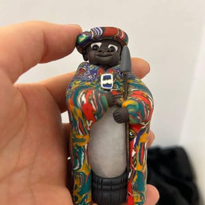Vintage African-Inspired Figurine with Quartz Crystal – Handmade Tribal Polymer Clay Sculpture