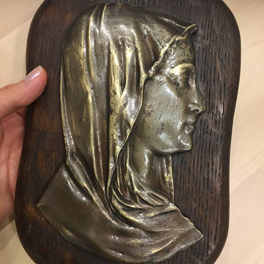 Vintage Virgin Mary Wall Plaque on Solid Wood Base With Raised Brass ...