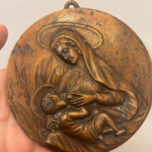 Antique 19th Century Copper Wall Plaque Madonna Nursing Baby Jesus Religious Catholic Icon Veritas Latin Art Holy Mother Relief
