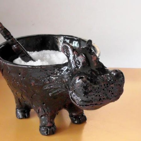 ceramic salt shaker with a hippo, handmade, kitchen decor, hippo decor, hippo ornament, hippo figurine