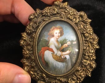 Vintage Miniature Brass Floral Oval Frame with Romantic Regency Lady Portrait Painting, Antique Style Wall Hanging Home Decor