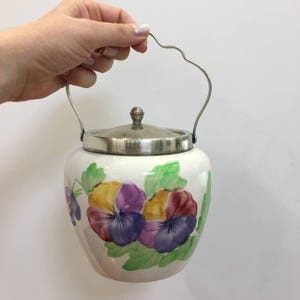 Vintage English Silver Plated Handle Ceramic Cookie Jar, Ceramic Jar, Large Ceramic Jar, Cookie Jar, Ceramic Jar, Ceramic Fruit Basket