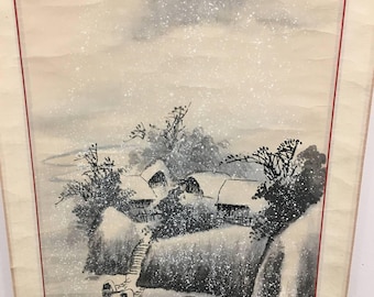 Vintage Japanese Hanging Scroll with Ink Winter Landscape Art Snowy Village Mountains Wall Decor Asian Calligraphy Painting