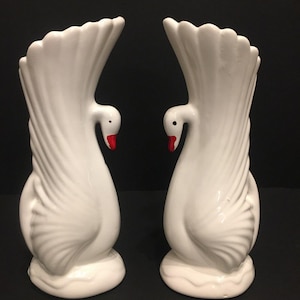 Art Deco Swan Vase Set - Vintage Porcelain Bird and Ceramic Bud Vases