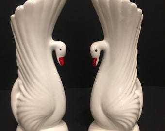 Art Deco Swan Vase Set - Vintage Porcelain Bird and Ceramic Bud Vases