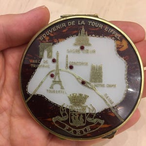 Miroir compact vintage de Paris avec conception de carte de la tour Eiffel et étui à poudre - Cadeau souvenir de voyage en France pour collectionneur