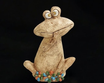 7" Handmade Clay Frog Figurine – Rustic Decor with Floral Accents