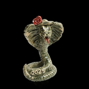 Totem Snake Figurine – Handmade Ceramic Cobra Sculpture – Green Serpent Symbol of Transformation – Forest Animal Spirit Decor