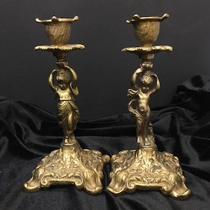 Antique Brass Cherub Candlesticks Set of 2 Baroque Style Candle Holders 16cm Elegant Gold Vintage Rococo Table Decor
