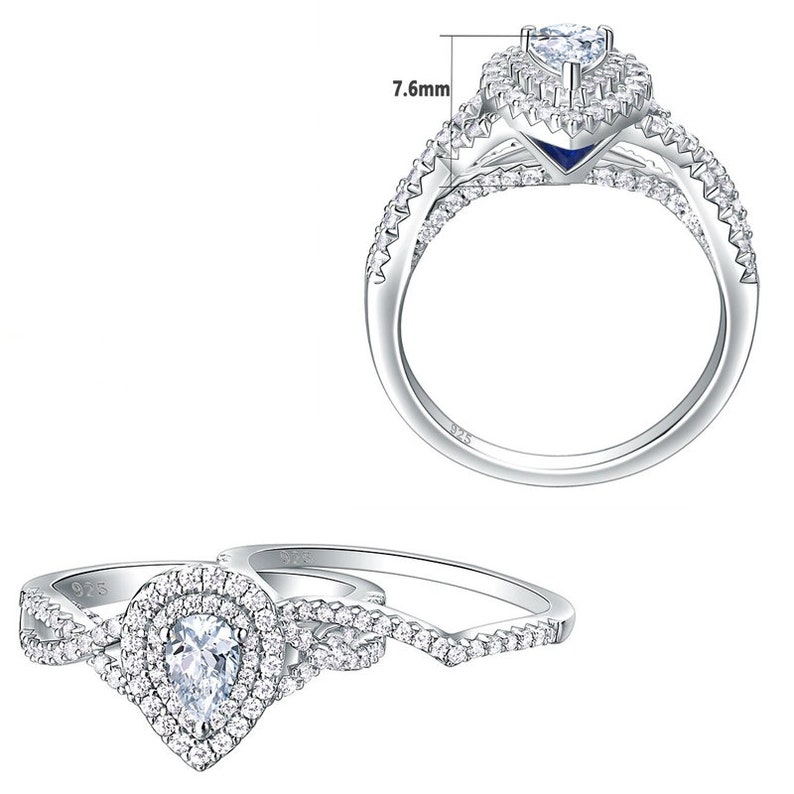 2 Pcs 925 Sterling Silver Rings for Women Engagement Ring Sets 1.7Ct Pear Shape Teardrop