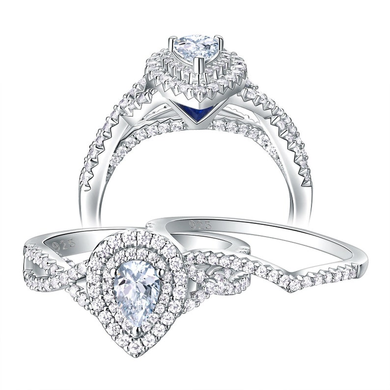 2 Pcs 925 Sterling Silver Rings for Women Engagement Ring Sets 1.7Ct Pear Shape Teardrop