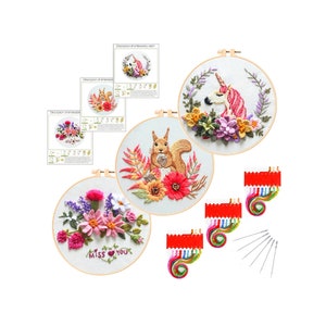 Embroidery Kit - Squirrel, Horse, Flower - 1 Plastic Embroidery Hoop, Color Threads and Tools, English Manual for Beginners