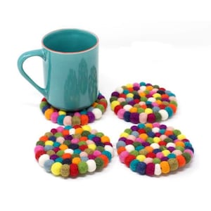 Rainbow Tea Coasters for Drinks - Home Decor Accessory Felt Ball Coaster Wool Ball Coaster Office Coaster - 4&quot;x4&quot; 10x10cm