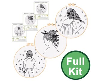 3 Pack Girl's Hair Embroidery Kit DIY Embroidery Modern Embroidery Girl Hoop Art 20cm 8 inch Gift for Mother's Day