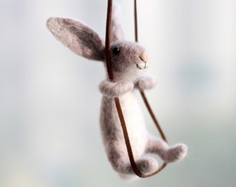 Swing Rabbit Needle Felting Kit for Beginners 4&quot; (10cm) Gift for Mother&#39;s Day