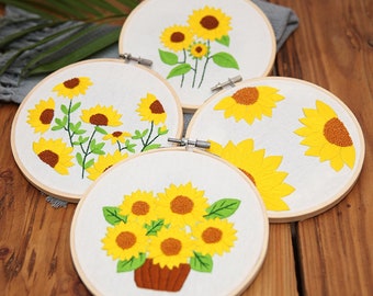 Sunflower Embroidery Kit Flora Pattern Christmas Decorations for Mom, Grandma - 15cm Hoop, Including Everything to Make