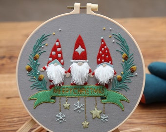 Gnomes Embroidery Kit for Beginners Christmas Pattern Personalized Gifts 8 inch Hoop Art Craft Kits for Mom, Kids