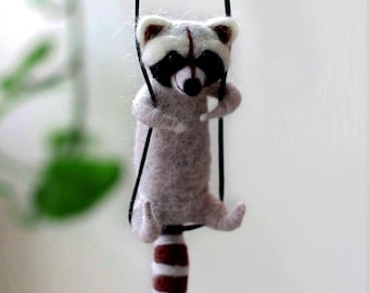 Swing Raccoon Needle Felting Kit for Beginners 4" (10cm) Gifts for Mom