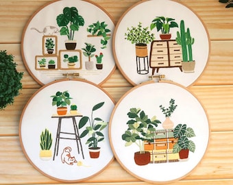 Plants and Cat Embroidery Kit for Beginner - Hoop Art Including Everything to Make, Mother's Day Gift