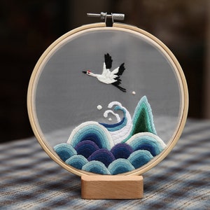 Surf and Crane Embroidery Kit (a) Transparent Hoop Art Mother's Day Gift Modern Embroidery for Beginners 6 inch 15cm Diameter