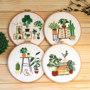 Kit de broderie de plantes et de chats pour débutants - Créations de cerceau comprenant tout ce qu'il faut faire, cadeau pour la Fête des Mères