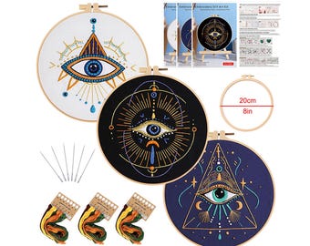 3 Pack Mystery Eyes Embroidery Kit for Beginners, DIY Hand Stitch Art Set, 8 Inch Modern Embroidery Hoop Craft Gift