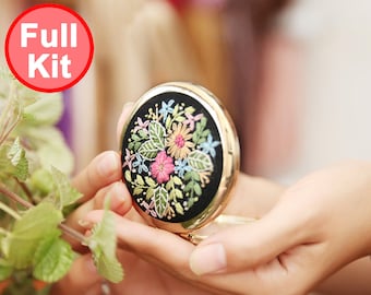 DIY Anfänger Embroidery Kit Gold Compact Spiegel - Moderne Floral Hand Embroidery Full Kit (B)