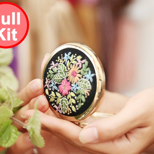 DIY Beginner Embroidery Kit Gold Compact Mirror Modern Etsy