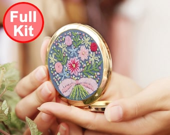 DIY Beginner Embroidery Kit Gold Compact Mirror - Modern Floral Hand Embroidery Full Kit (C)