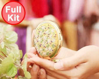 DIY borduurpakket beginners goud compacte spiegel - moderne bloemen handborduurwerk volledig pakket (A)
